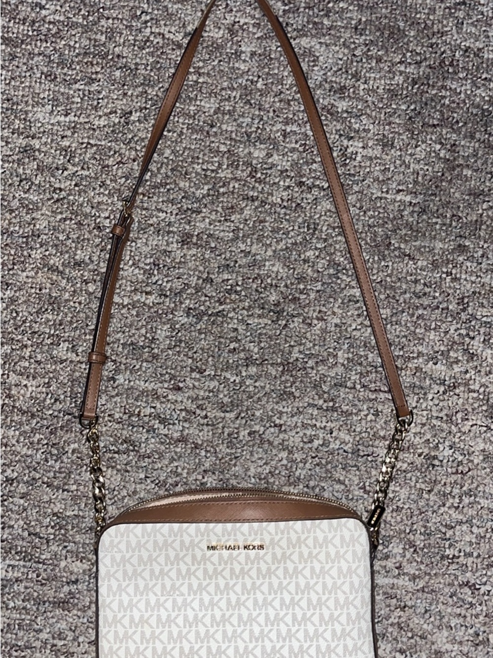 Michael Kors White Logo Crossbody with Brown Trim and Chain Strap